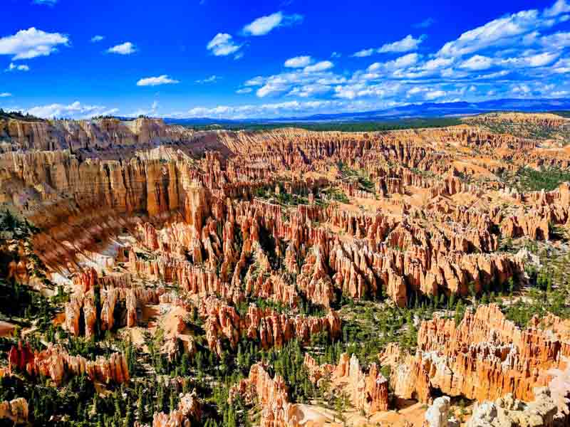An aerial view of Bryce Canyon National Park's hoodoos and amphitheaters