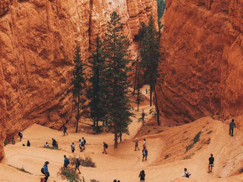 A group of people walking between rocks at Bryce Canyon National Park